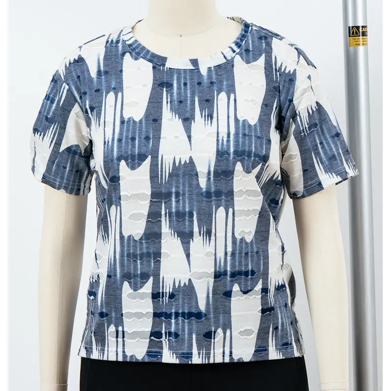 Blå och vit abstrakt tryck T-shirt med Ripple Texture