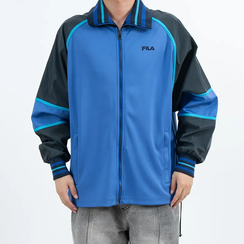 Blue Color Block Outdoor Hardshell Jacka med randig krage och muddar