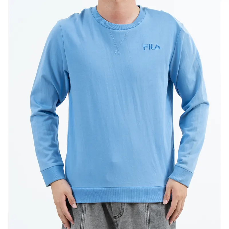 Blå tröja med rund hals med tonal bröstlogotyp och ribbad kant