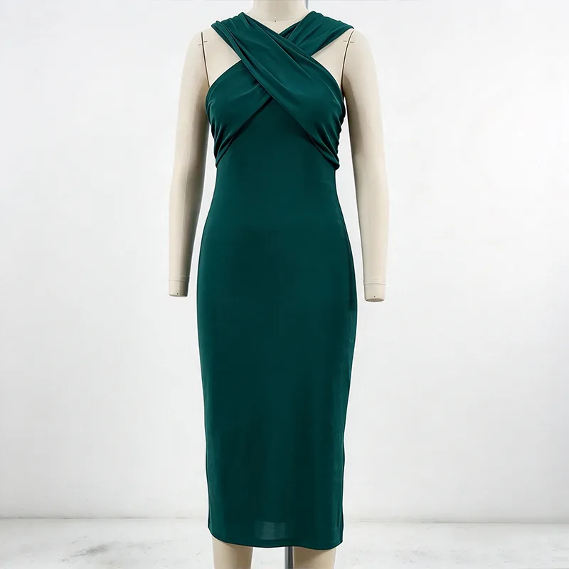 Cross-neck Bodycon Midiklänning med draperad front och sidoslits Cross-neck Bodycon Midiklänning med draperad front och sidoslits