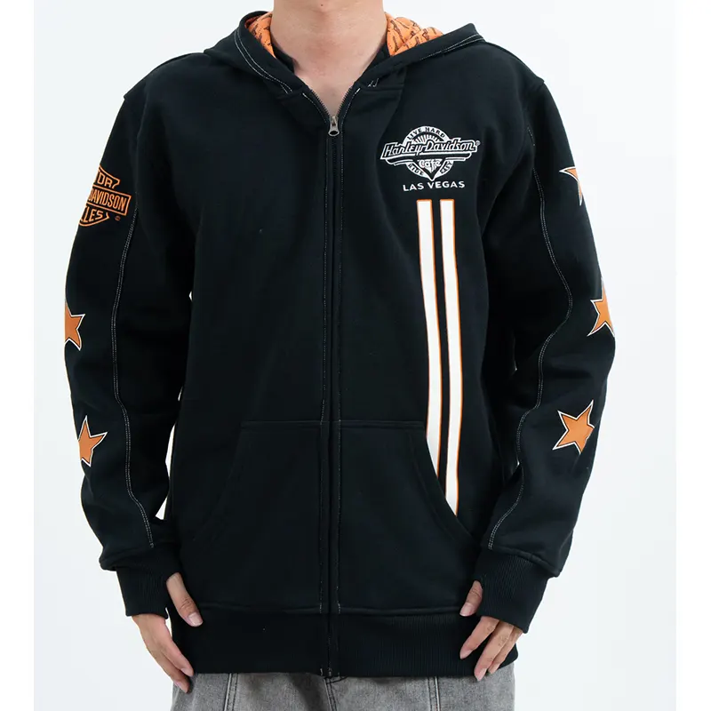 Grafisk Zip-Up Hoodie med Eagle Back Artwork och Star Sleeves