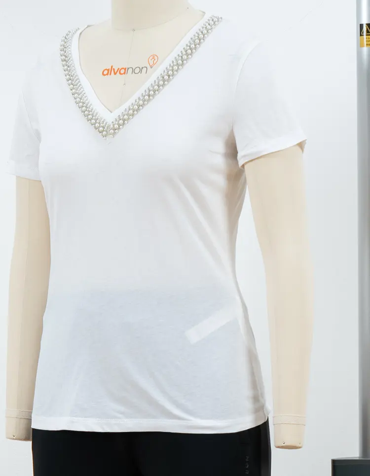 White V-Neck T-Shirt with Bead-Trim Neckline