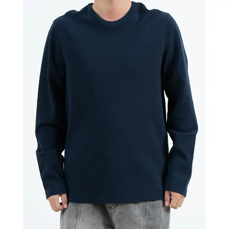 Marinblå texturerad långärmad T-shirt med rund hals och avslappnad passform