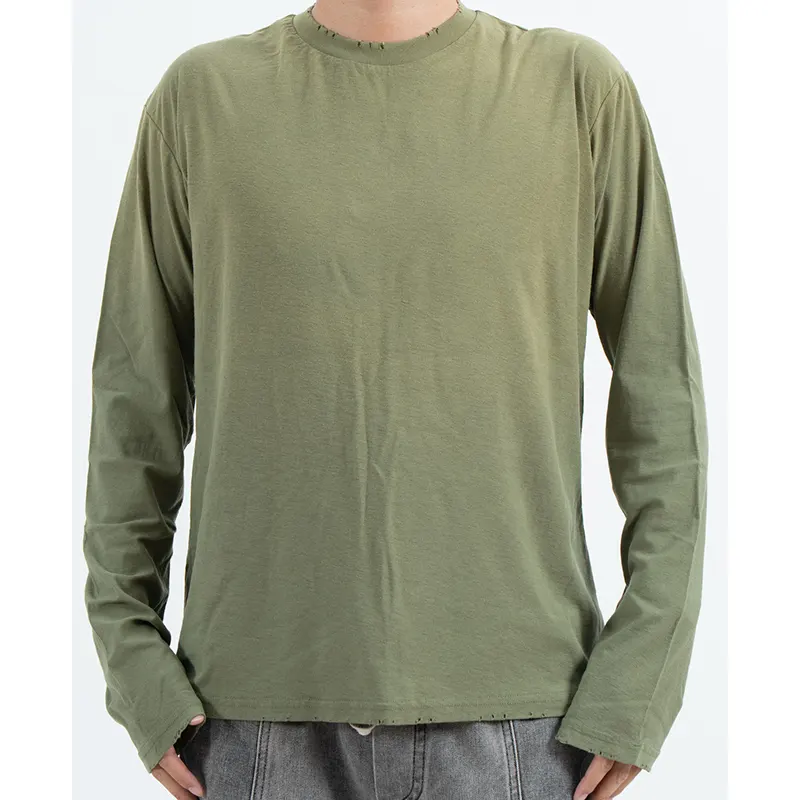 Olive långärmad T-shirt med distressed halsringning och fåll