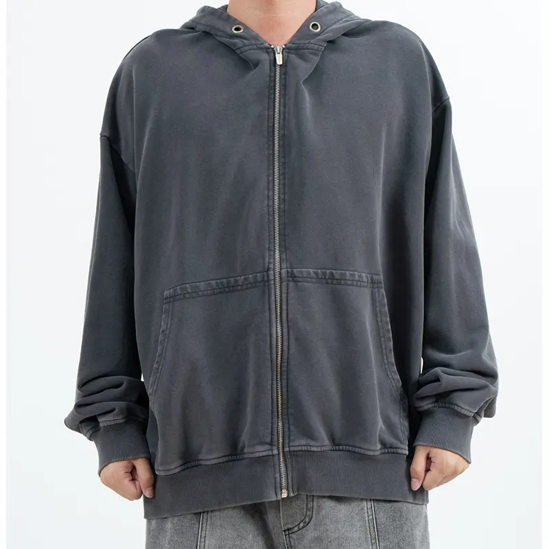Överdimensionerad Charcoal Zip-Up Hoodie med blekt utseende