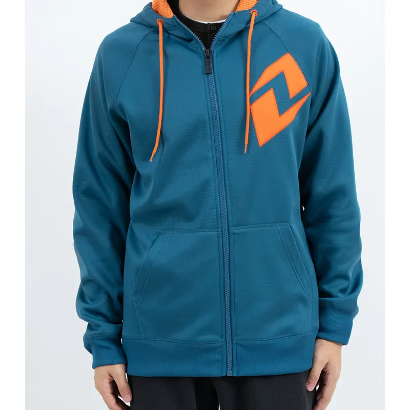 Blågrön raglan luvtröja med dragkedja med orange bröstgrafik och dragsko